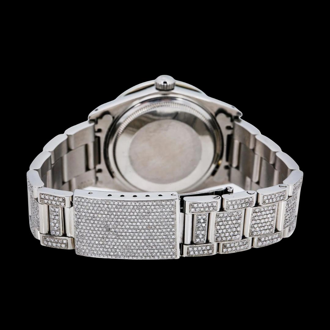 Rolex Datejust Black Emerald Dial Diamond Markers Fully Iced Out Oyster Bracelet Moissanite Watch Caseback View