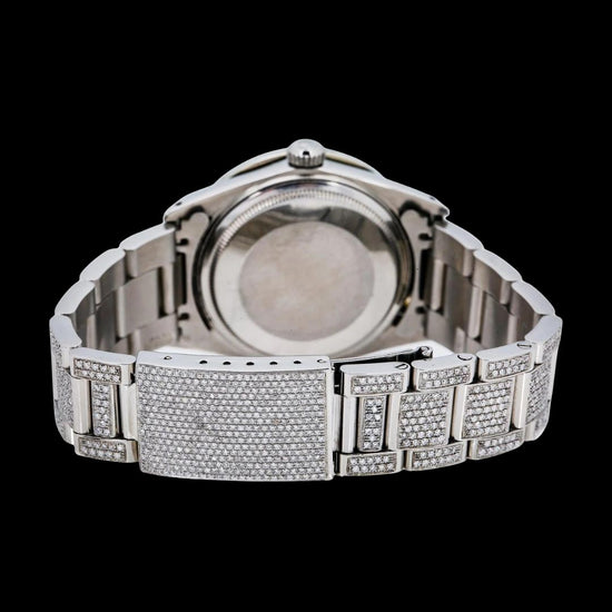 Rolex Datejust Black Emerald Dial Diamond Markers Fully Iced Out Oyster Bracelet Moissanite Watch Caseback View