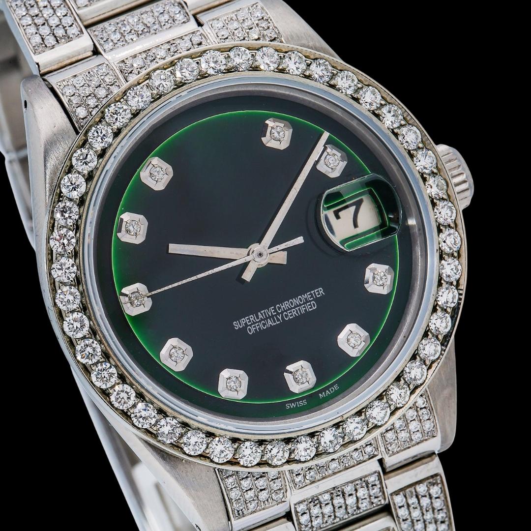 Rolex Datejust Black Emerald Dial Diamond Markers Fully Iced Out Oyster Bracelet Moissanite Watch Close Up Dial View