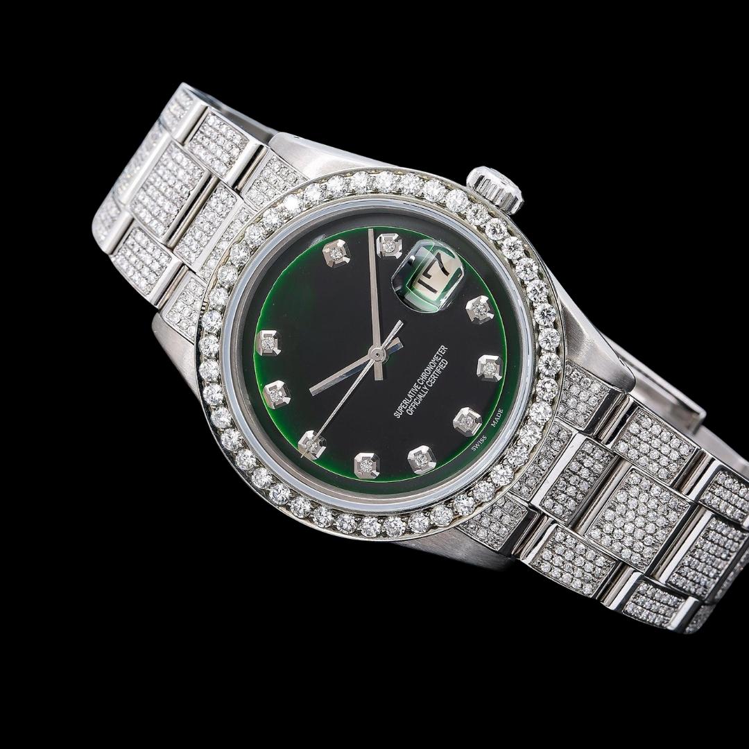 Rolex Datejust Black Emerald Dial Diamond Markers Fully Iced Out Oyster Bracelet Moissanite Watch Close Up Front View