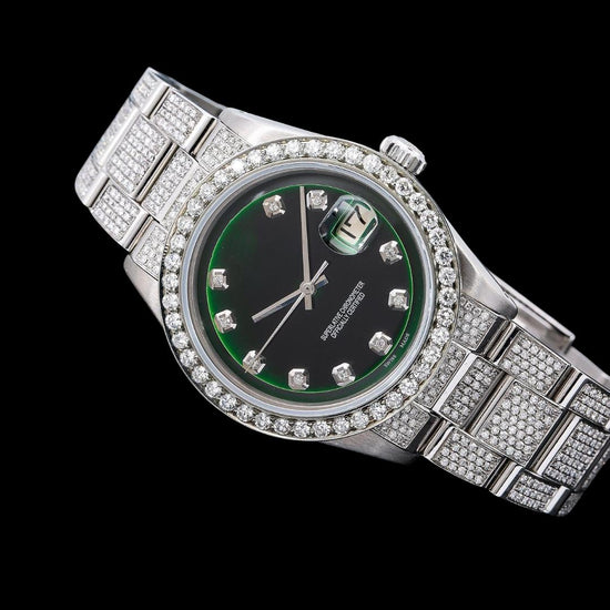 Rolex Datejust Black Emerald Dial Diamond Markers Fully Iced Out Oyster Bracelet Moissanite Watch Close Up Front View