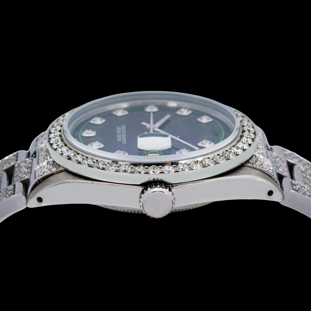 Rolex Datejust Black Emerald Dial Diamond Markers Fully Iced Out Oyster Bracelet Moissanite Watch Crown View