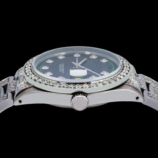 Rolex Datejust Black Emerald Dial Diamond Markers Fully Iced Out Oyster Bracelet Moissanite Watch Crown View