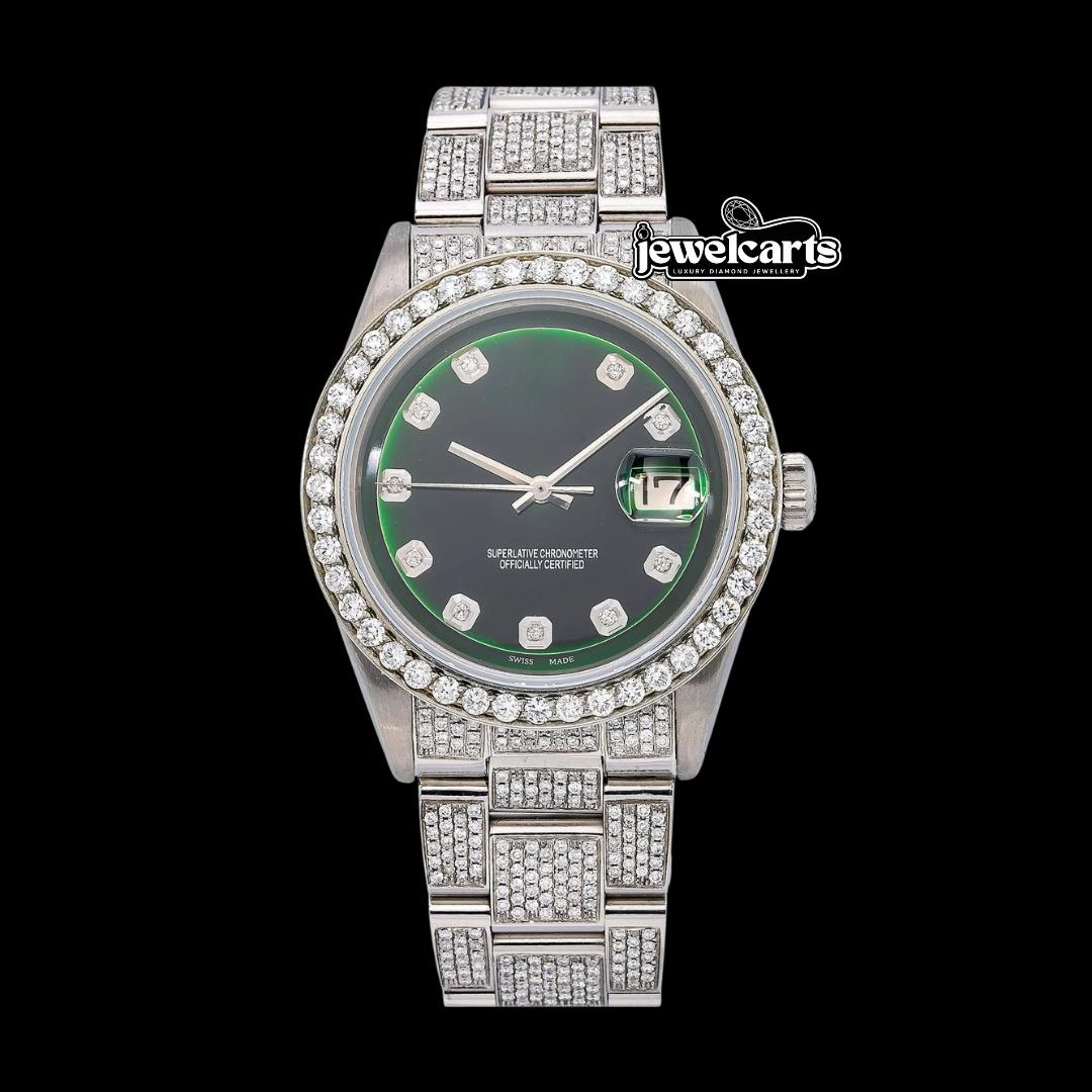 Rolex Datejust Black Emerald Dial Diamond Markers Fully Iced Out Oyster Bracelet Moissanite Watch Front View