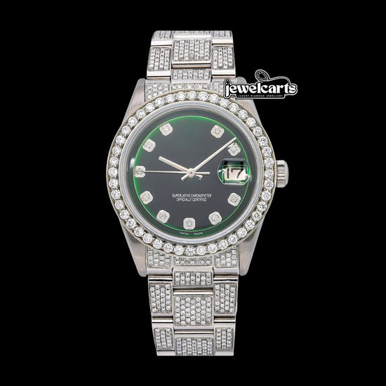 Rolex Datejust Black Emerald Dial Diamond Markers Fully Iced Out Oyster Bracelet Moissanite Watch Front View