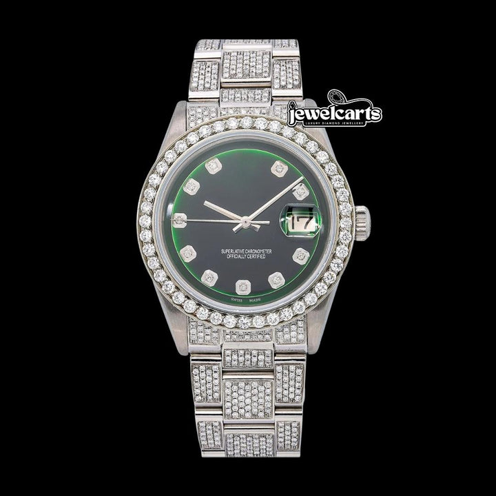 Rolex Datejust Black Emerald Dial Diamond Markers Fully Iced Out Oyster Bracelet Moissanite Watch Front View