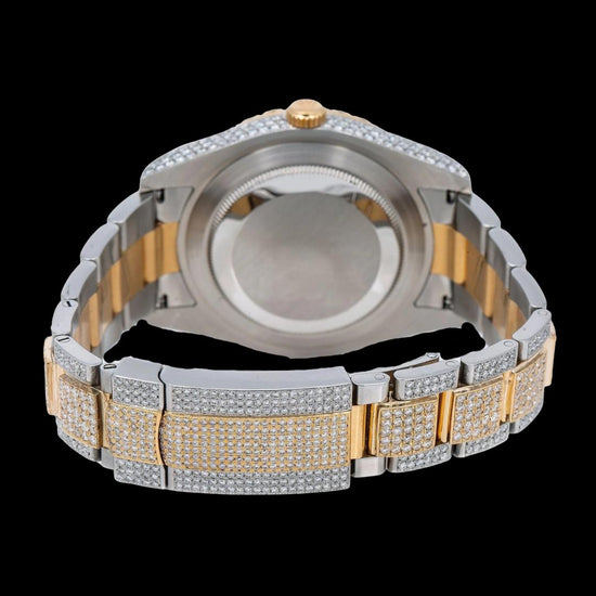 Rolex Datejust Black Mother of Pearl Roman Diamond Dial Two Tone Rose Gold Oyster Bracelet Iced Out Watch Caseback View