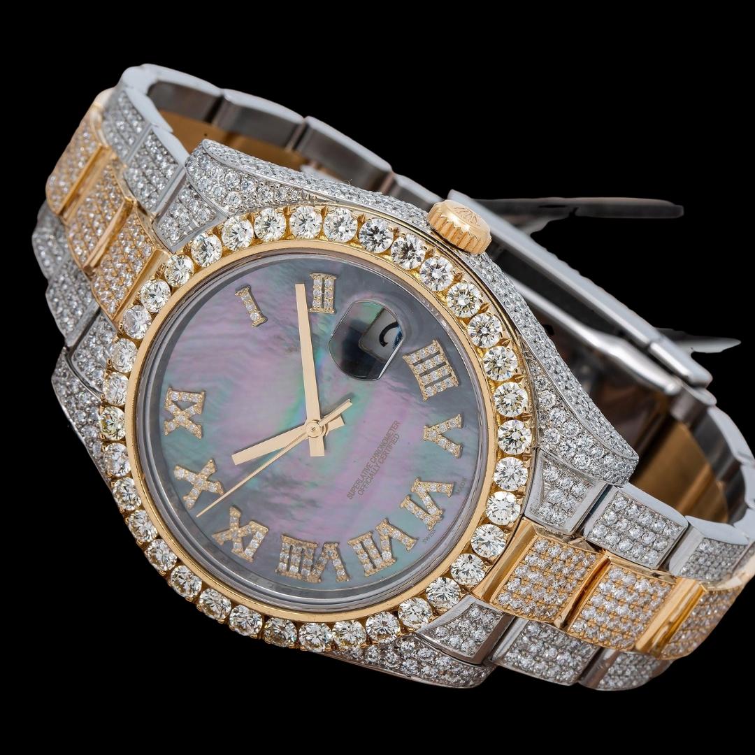 Rolex Datejust Black Mother of Pearl Roman Diamond Dial Two Tone Rose Gold Oyster Bracelet Iced Out Watch Close Up Front View