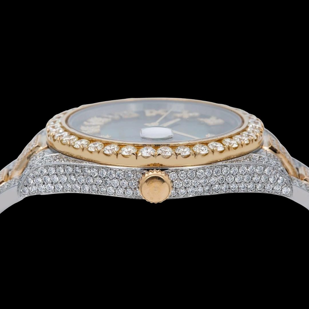 Rolex Datejust Black Mother of Pearl Roman Diamond Dial Two Tone Rose Gold Oyster Bracelet Iced Out Watch Crown View