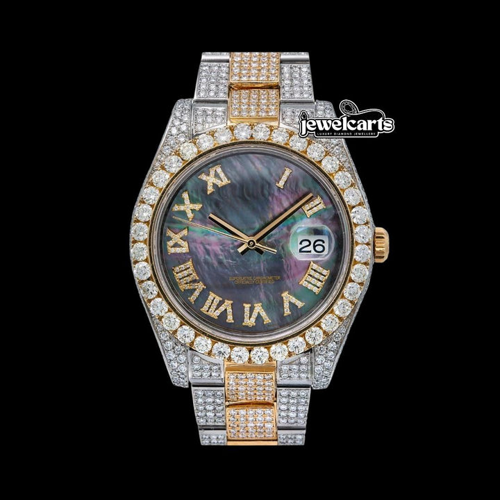 Rolex Datejust Black Mother of Pearl Roman Diamond Dial Two Tone Rose Gold Oyster Bracelet Iced Out Watch Front View