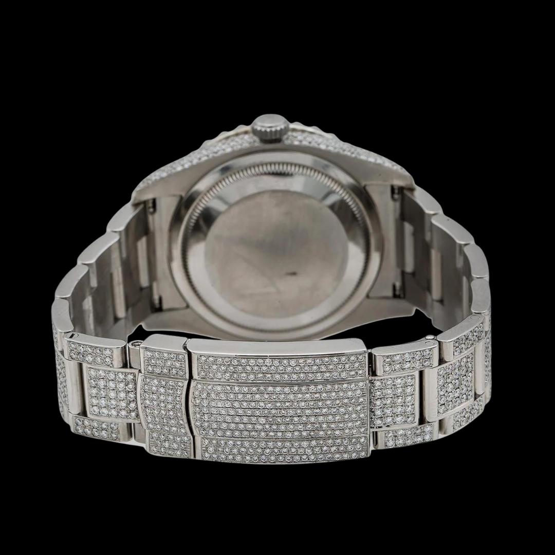 Rolex Datejust Black Pearl Dial Roman Diamond Numerals Fully Iced Out Oyster Bracelet Moissanite Watch Caseback View