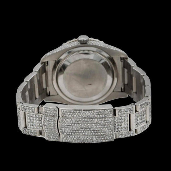 Rolex Datejust Black Pearl Dial Roman Diamond Numerals Fully Iced Out Oyster Bracelet Moissanite Watch Caseback View