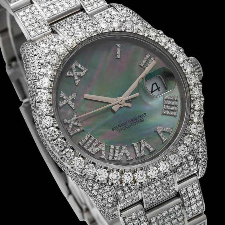 Rolex Datejust Black Pearl Dial Roman Diamond Numerals Fully Iced Out Oyster Bracelet Moissanite Watch Close Up Dial View