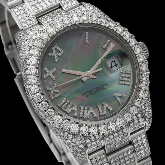 Rolex Datejust Black Pearl Dial Roman Diamond Numerals Fully Iced Out Oyster Bracelet Moissanite Watch Close Up Dial View