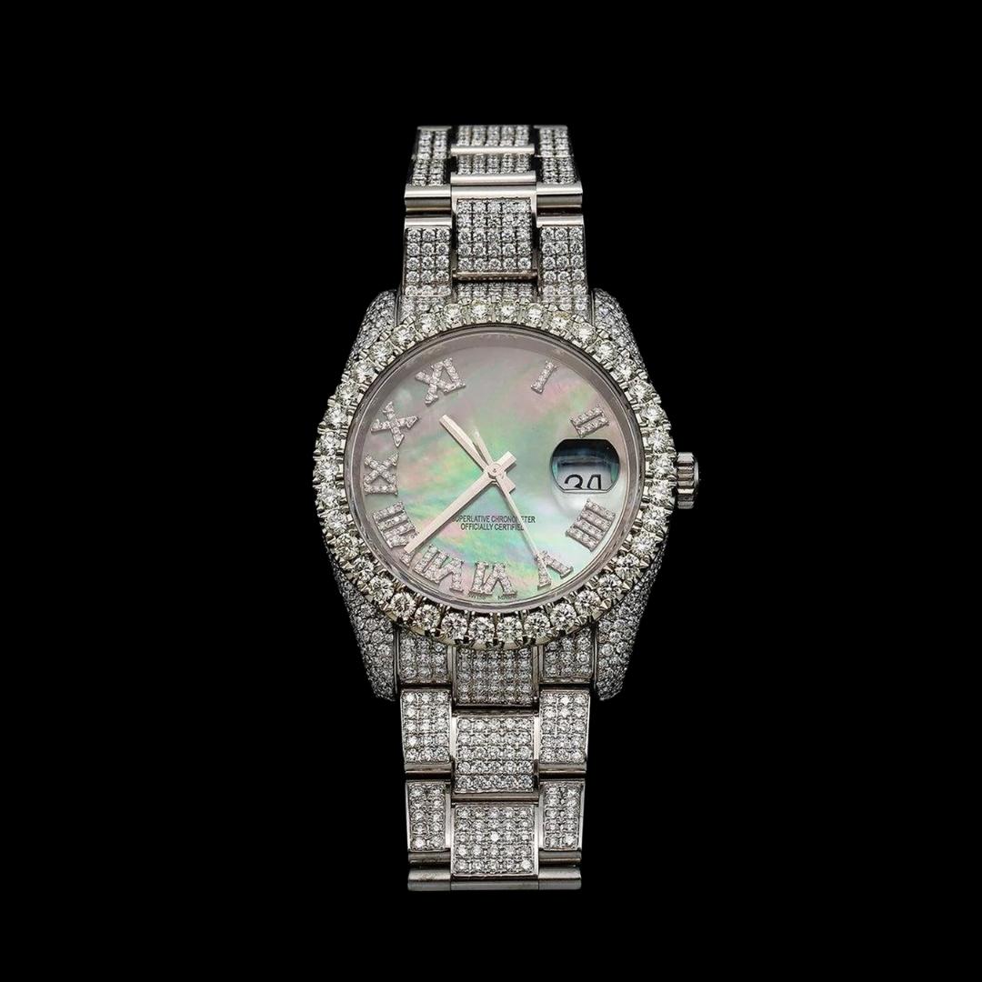 Rolex Datejust Black Pearl Dial Roman Diamond Numerals Fully Iced Out Oyster Bracelet Moissanite Watch Close Up Front View