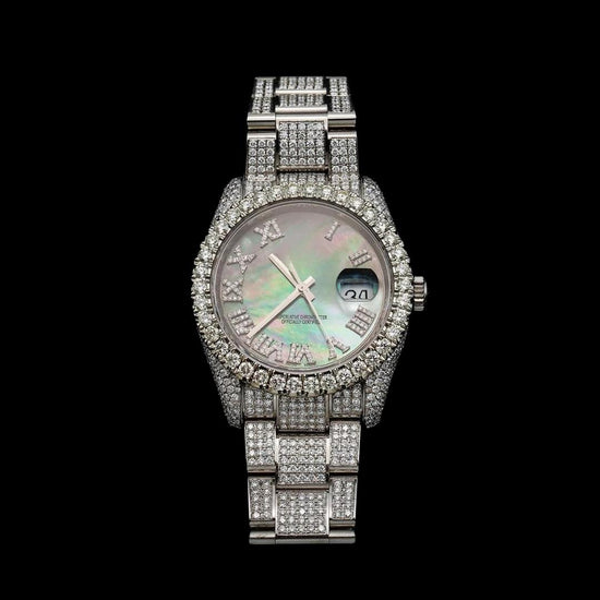 Rolex Datejust Black Pearl Dial Roman Diamond Numerals Fully Iced Out Oyster Bracelet Moissanite Watch Close Up Front View
