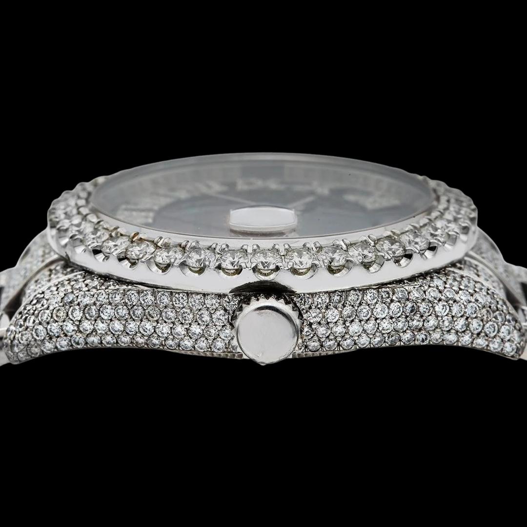 Rolex Datejust Black Pearl Dial Roman Diamond Numerals Fully Iced Out Oyster Bracelet Moissanite Watch Crown View