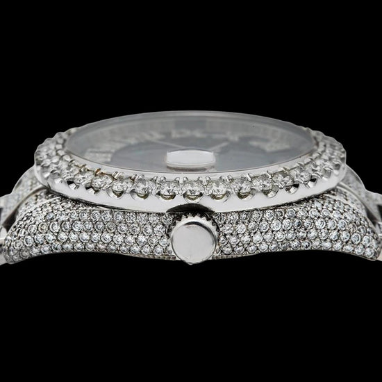 Rolex Datejust Black Pearl Dial Roman Diamond Numerals Fully Iced Out Oyster Bracelet Moissanite Watch Crown View