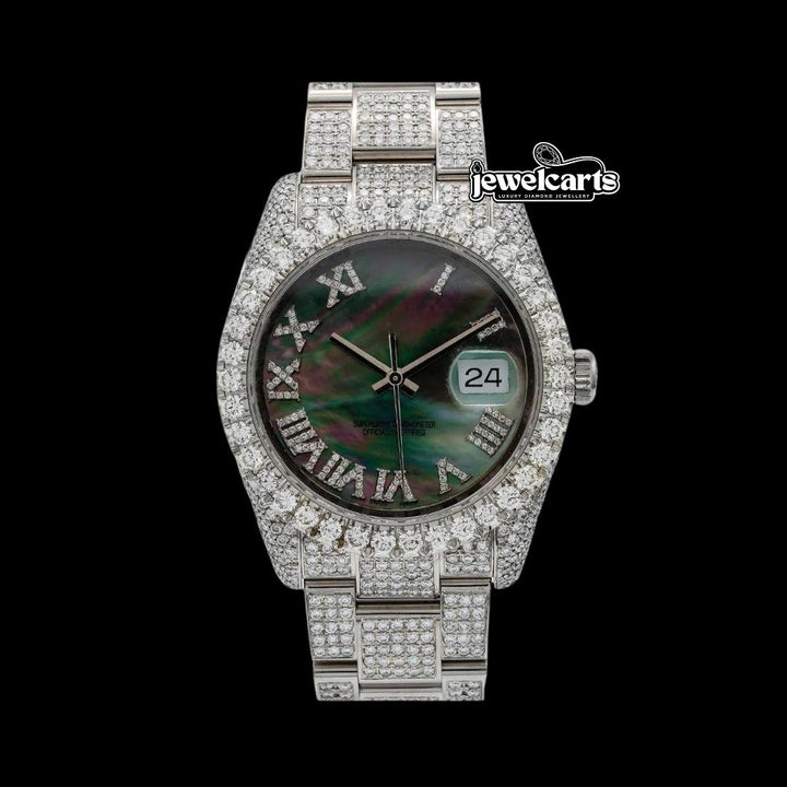 Rolex Datejust Black Pearl Dial Roman Diamond Numerals Fully Iced Out Oyster Bracelet Moissanite Watch Front View