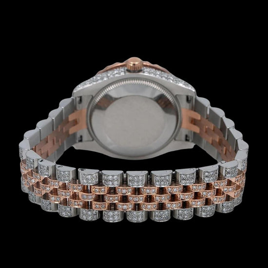 Rolex Datejust Black Pearl Diamond Markers Dial Two Tone Iced Out Rose Gold Jubilee Moissanite Watch Caseback View