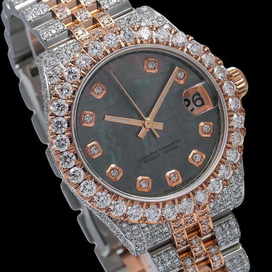 Rolex Datejust Black Pearl Diamond Markers Dial Two Tone Iced Out Rose Gold Jubilee Moissanite Watch Close Up Dial View