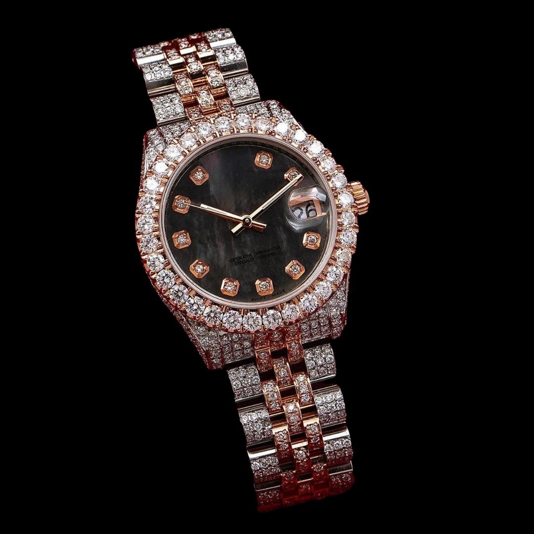 Rolex Datejust Black Pearl Diamond Markers Dial Two Tone Iced Out Rose Gold Jubilee Moissanite Watch Close Up Front View