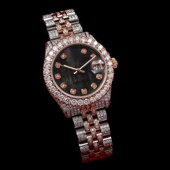 Rolex Datejust Black Pearl Diamond Markers Dial Two Tone Iced Out Rose Gold Jubilee Moissanite Watch Close Up Front View