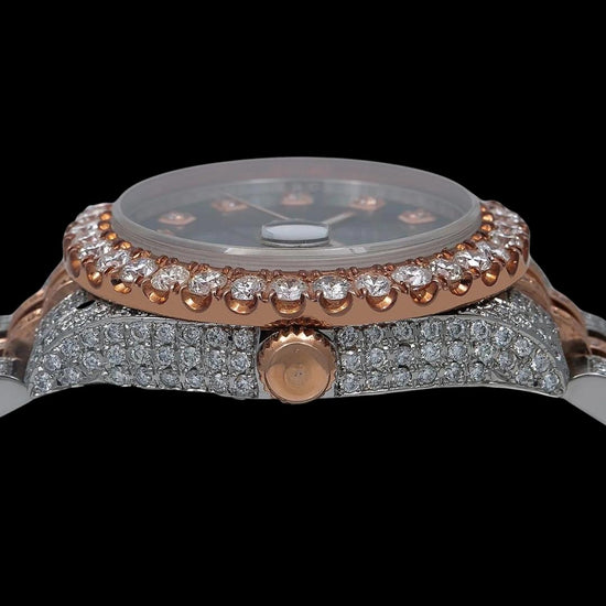 Rolex Datejust Black Pearl Diamond Markers Dial Two Tone Iced Out Rose Gold Jubilee Moissanite Watch Crown View