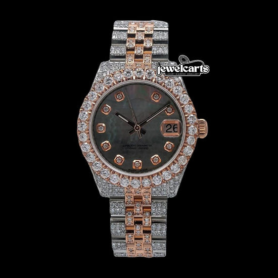 Rolex Datejust Black Pearl Diamond Markers Dial Two Tone Iced Out Rose Gold Jubilee Moissanite Watch Front View