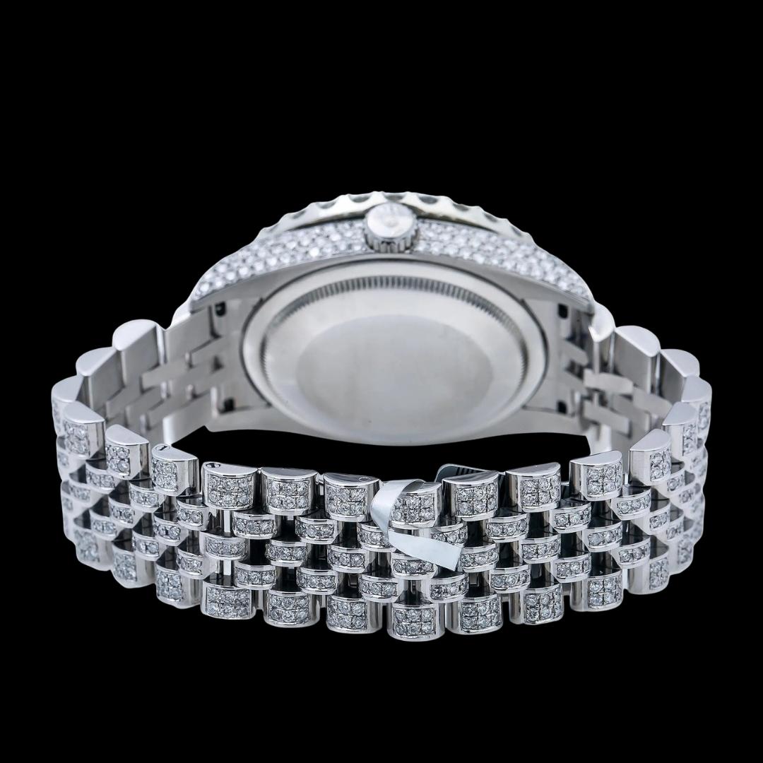 Rolex Datejust Black Pearl Roman Diamond Dial Fully Iced Out Jubilee Bracelet Moissanite Watch Caseback View