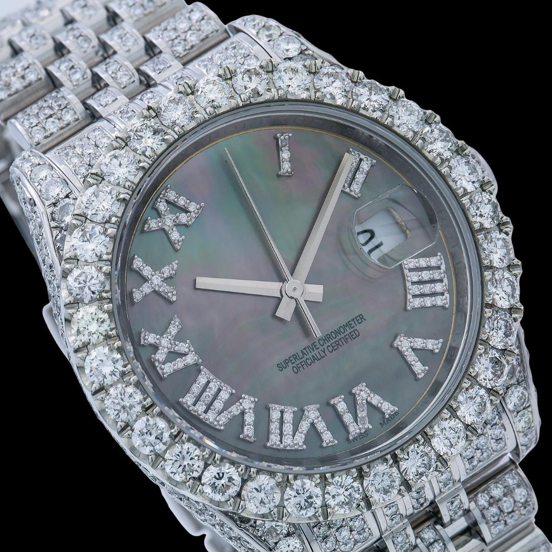 Rolex Datejust Black Pearl Roman Diamond Dial Fully Iced Out Jubilee Bracelet Moissanite Watch Close Up Dial View