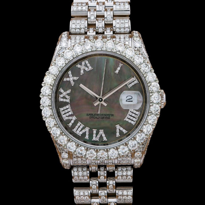 Rolex Datejust Black Pearl Roman Diamond Dial Fully Iced Out Jubilee Bracelet Moissanite Watch Close Up Front View