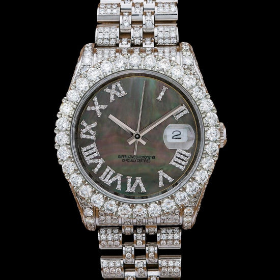 Rolex Datejust Black Pearl Roman Diamond Dial Fully Iced Out Jubilee Bracelet Moissanite Watch Close Up Front View