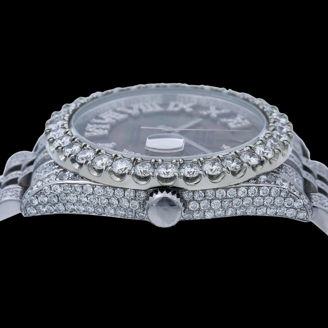 Rolex Datejust Black Pearl Roman Diamond Dial Fully Iced Out Jubilee Bracelet Moissanite Watch Crown View