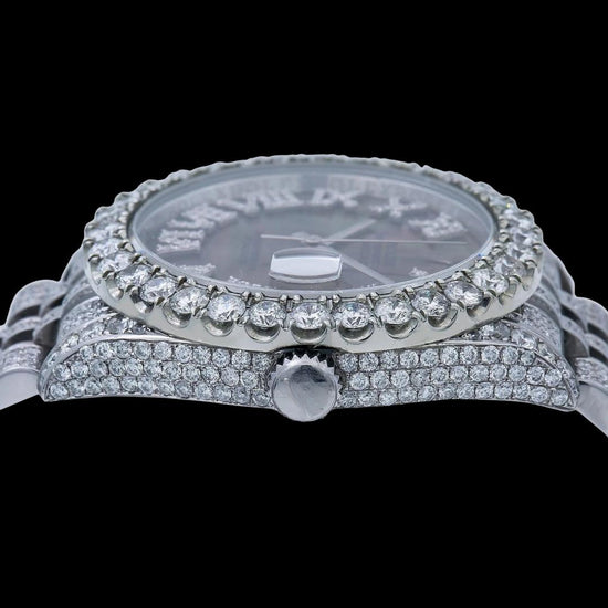 Rolex Datejust Black Pearl Roman Diamond Dial Fully Iced Out Jubilee Bracelet Moissanite Watch Crown View