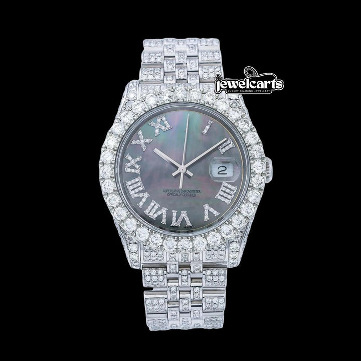 Rolex Datejust Black Pearl Roman Diamond Dial Fully Iced Out Jubilee Bracelet Moissanite Watch Front View
