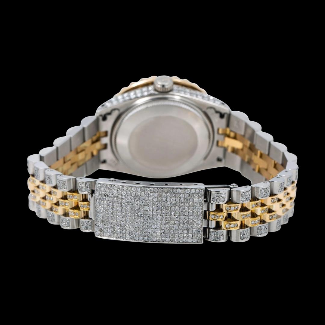 Rolex Datejust Black Roman Diamond Dial Two Tone Yellow Gold Jubilee Bracelet Moissanite Watch Caseback View