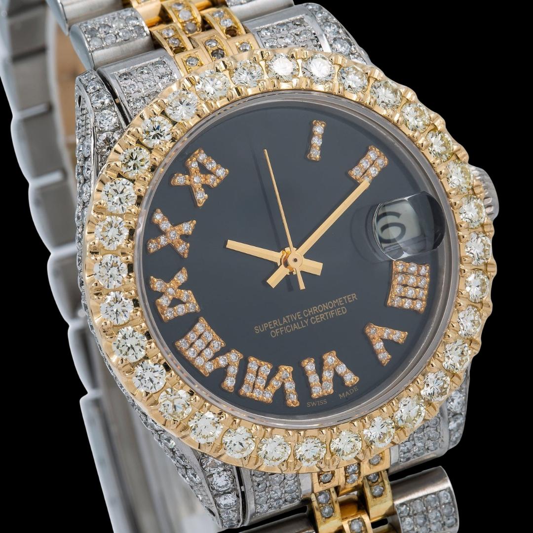 Rolex Datejust Black Roman Diamond Dial Two Tone Yellow Gold Jubilee Bracelet Moissanite Watch Close Up Dial View