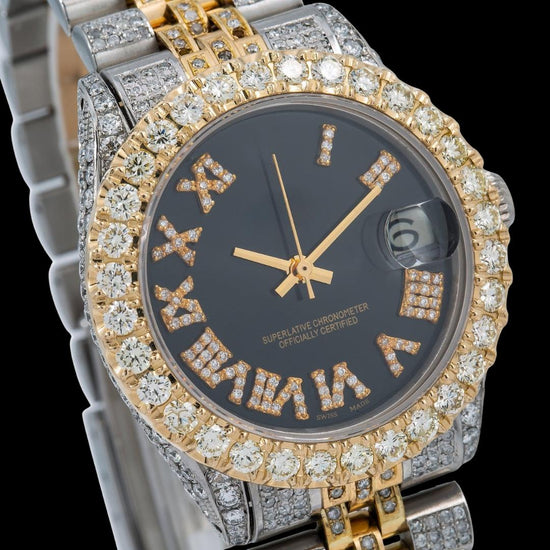 Rolex Datejust Black Roman Diamond Dial Two Tone Yellow Gold Jubilee Bracelet Moissanite Watch Close Up Dial View