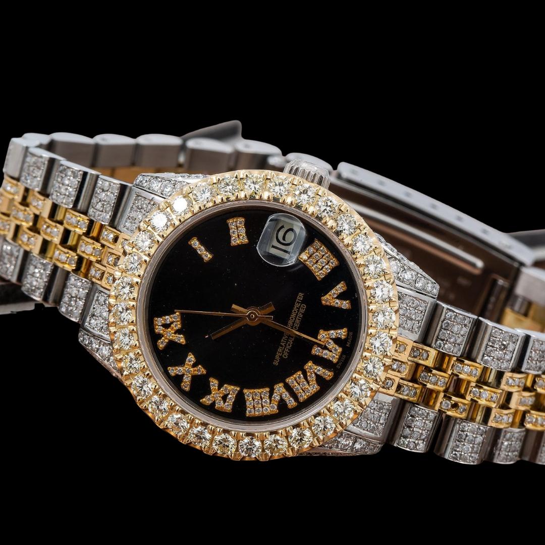Rolex Datejust Black Roman Diamond Dial Two Tone Yellow Gold Jubilee Bracelet Moissanite Watch Close Up Front View