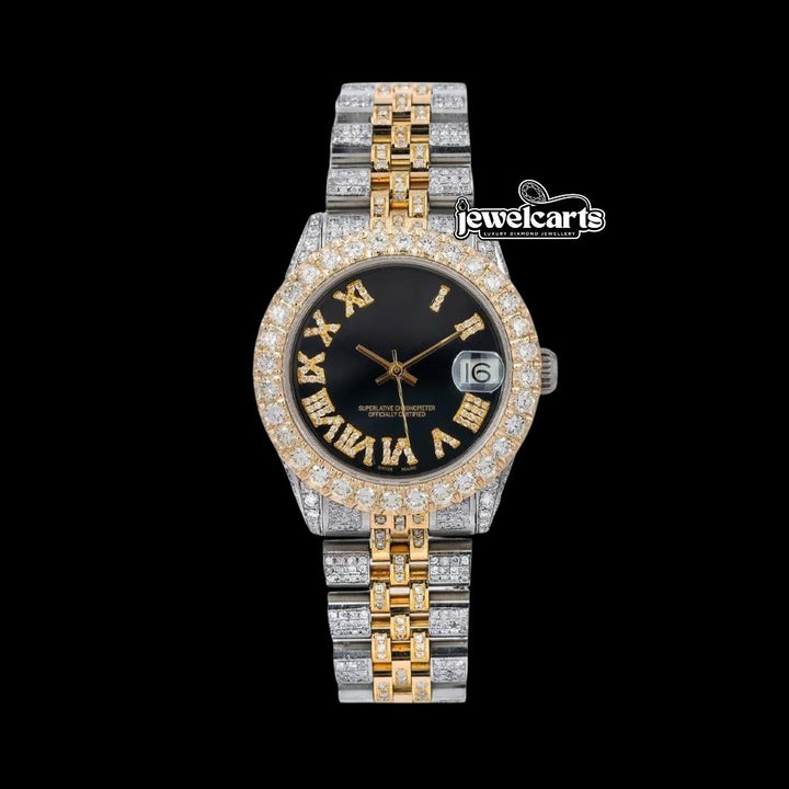 Rolex Datejust Black Roman Diamond Dial Two Tone Yellow Gold Jubilee Bracelet Moissanite Watch Front View