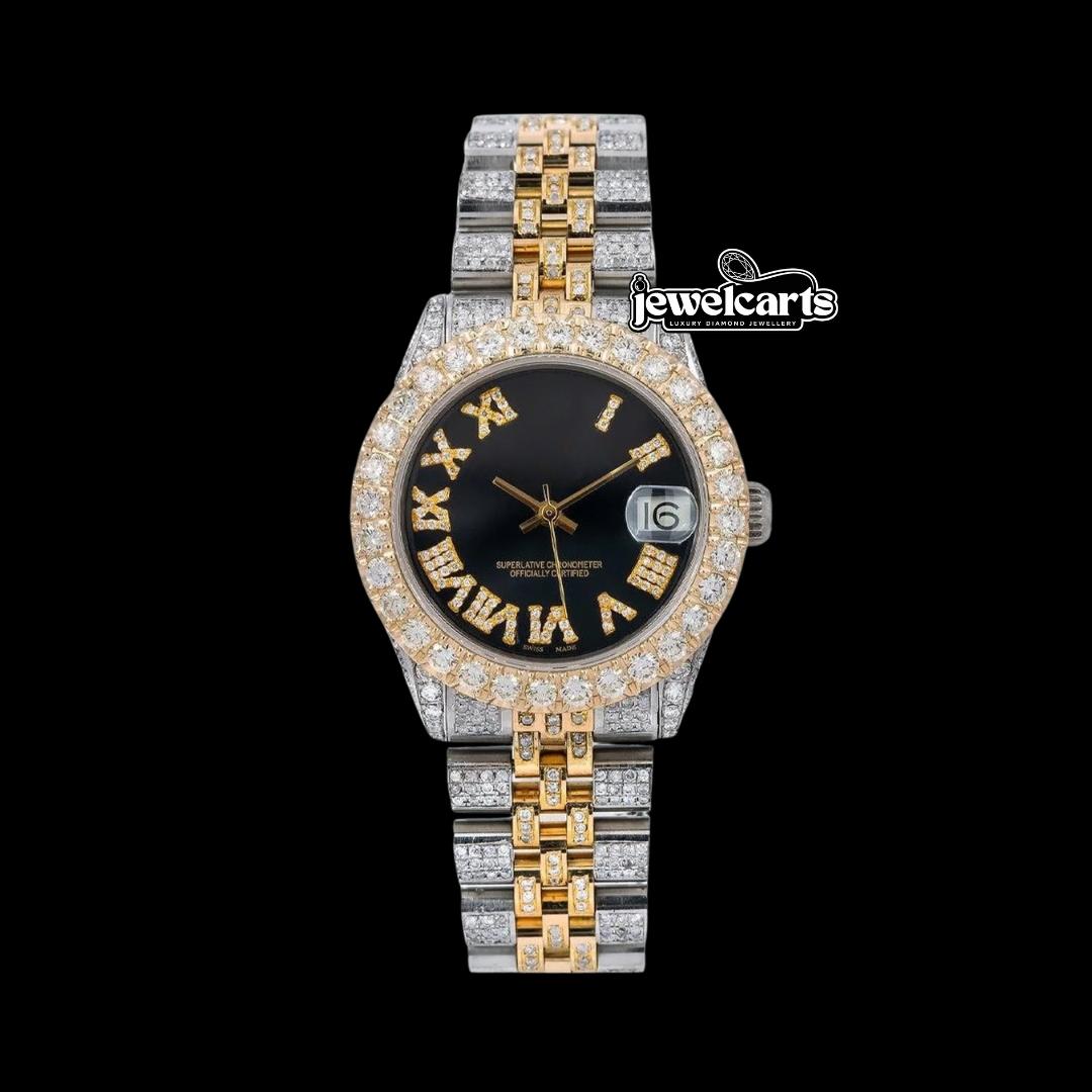 Rolex Datejust Black Roman Diamond Dial Two Tone Yellow Gold Jubilee Bracelet Moissanite Watch Front View