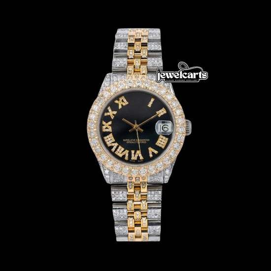 Rolex Datejust Black Roman Diamond Dial Two Tone Yellow Gold Jubilee Bracelet Moissanite Watch Front View