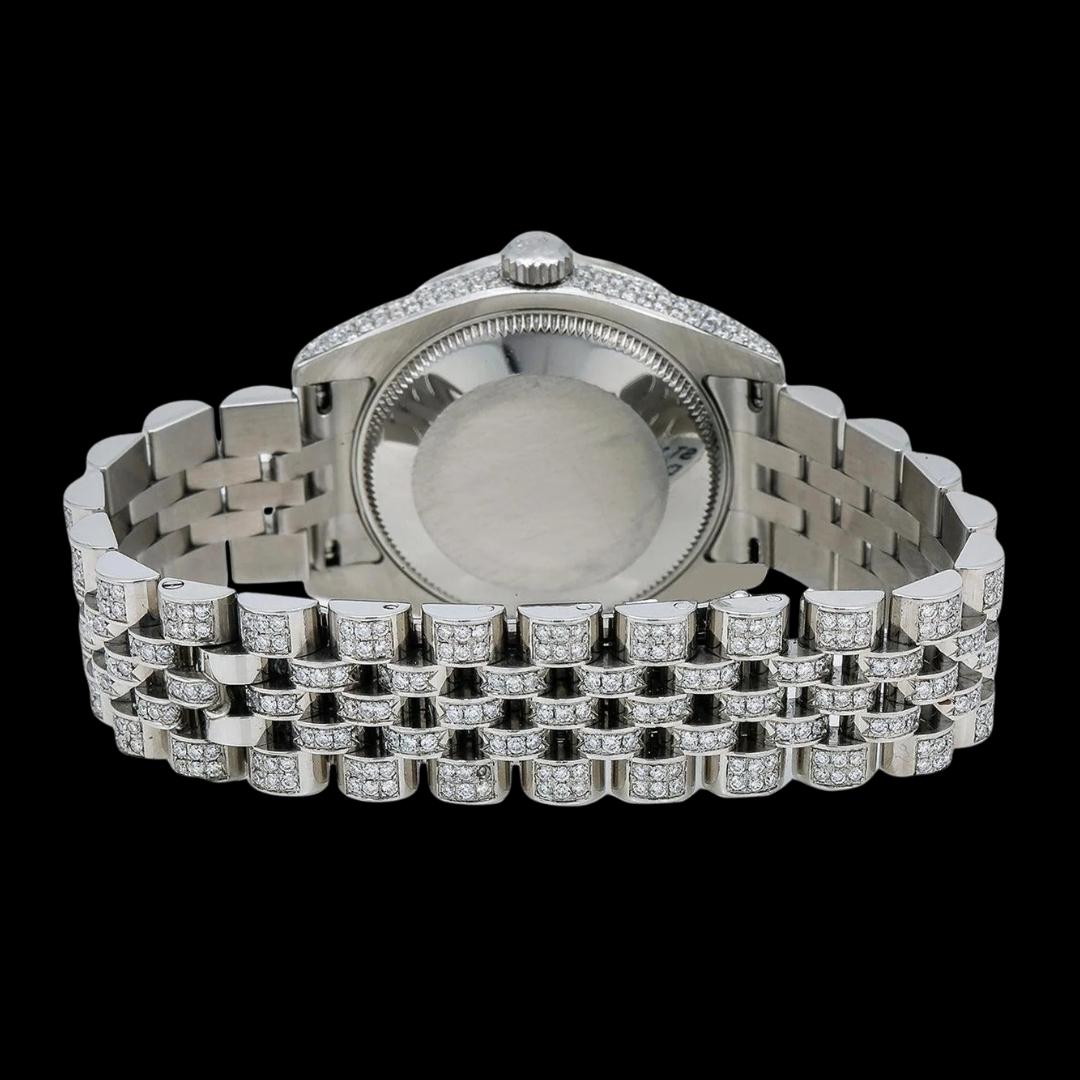 Rolex Datejust Black Roman Numerals Diamond Dial Fully Iced Out Jubilee Bracelet Moissanite Watch Caseback View