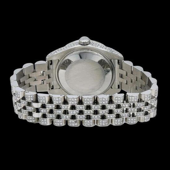 Rolex Datejust Black Roman Numerals Diamond Dial Fully Iced Out Jubilee Bracelet Moissanite Watch Caseback View