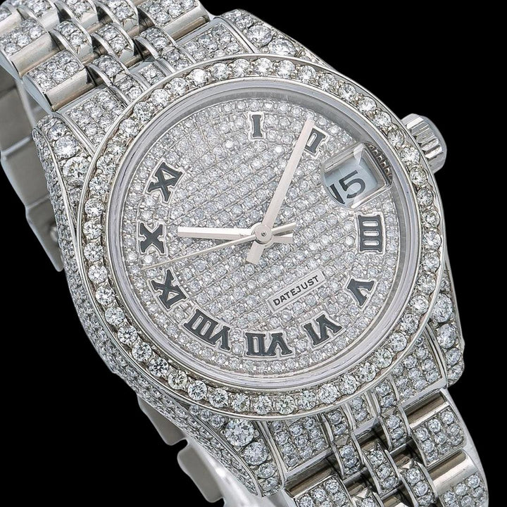 Rolex Datejust Black Roman Numerals Diamond Dial Fully Iced Out Jubilee Bracelet Moissanite Watch Close Up Dial View