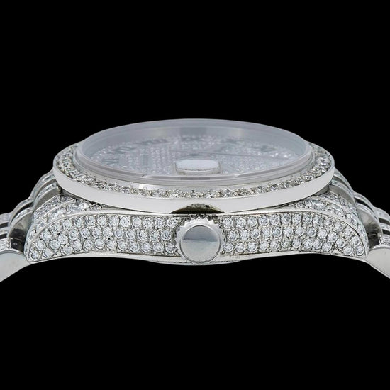 Rolex Datejust Black Roman Numerals Diamond Dial Fully Iced Out Jubilee Bracelet Moissanite Watch Crown View