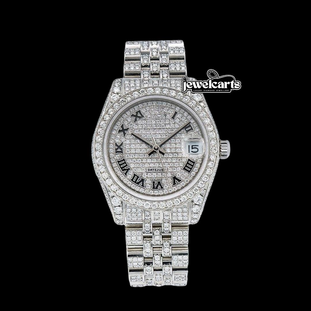 Rolex Datejust Black Roman Numerals Diamond Dial Fully Iced Out Jubilee Bracelet Moissanite Watch Front View