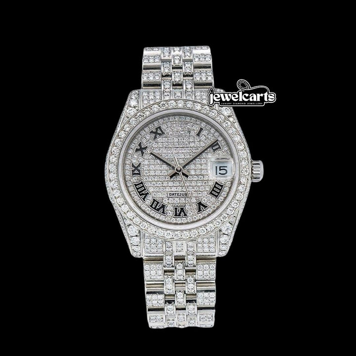 Rolex Datejust Black Roman Numerals Diamond Dial Fully Iced Out Jubilee Bracelet Moissanite Watch Front View