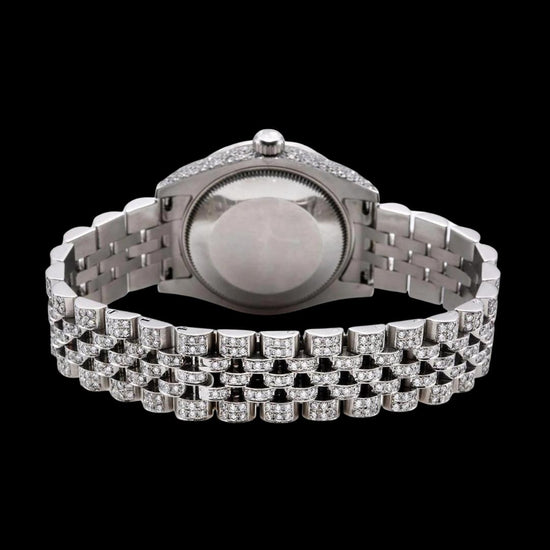 Rolex Datejust Blue Arabic Numerals Diamond Dial Fully Iced Out Jubilee Bracelet Moissanite Watch Caseback View